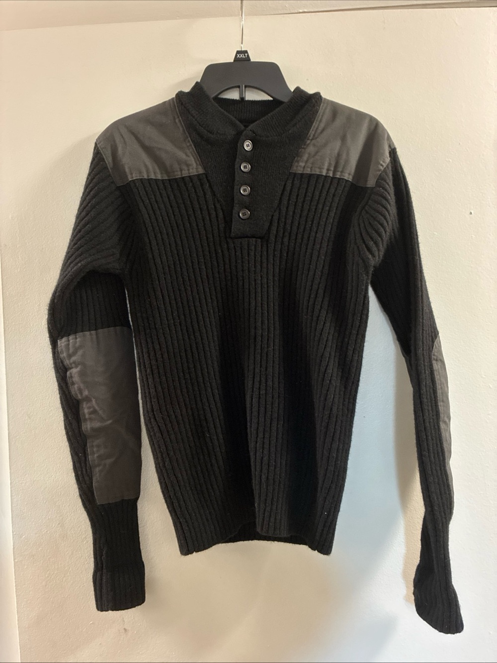 Vtg L.L. Bean Black Ribbed Henley Sweater with Gray Shoulder & Elbow Panels